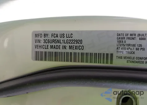 2020 Ram 2500 Laramie 4X4 6'4 Box z USA, uszkodzony, nr VIN 3C6UR5NL1LG222920